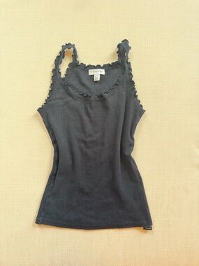 Topshop Black Ruffle Trim Ribbed Tank